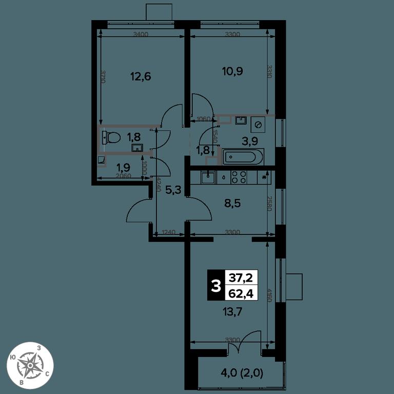 3-BD Apartment Sale, 62.4平方米 at Pervy Donskoj, zhiloy mikrorayon Sapronovo, derevnya Sapronovo, Leninskiy City District, Moscow Region, Russia #2