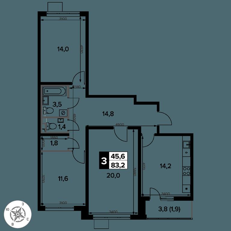 3-BD Apartment Sale, 83.2 sq. m. at Pervy Donskoj, zhiloy mikrorayon Sapronovo, derevnya Sapronovo, Leninskiy City District, Moscow Region, Russia #2