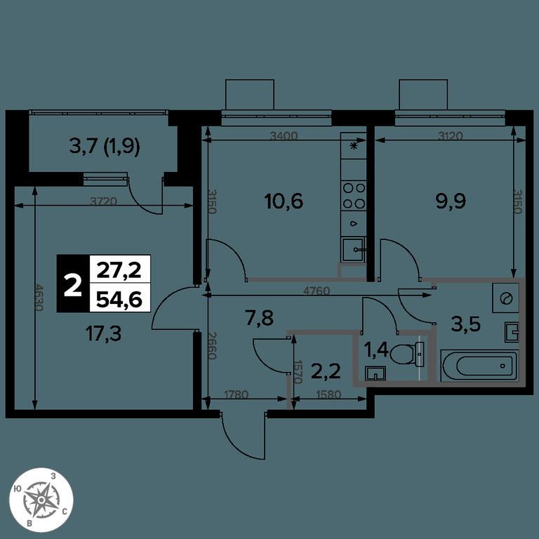 2-BD Apartment Sale, 54.6平方米 at Pervy Donskoj, zhiloy mikrorayon Sapronovo, derevnya Sapronovo, Leninskiy City District, Moscow Region, Russia #2