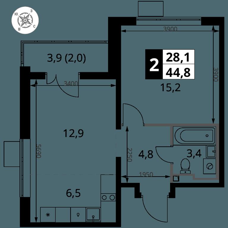 2-BD Apartment Sale, 44.8 sq. m. at Pervy Donskoj, zhiloy mikrorayon Sapronovo, derevnya Sapronovo, Leninskiy City District, Moscow Region, Russia #2