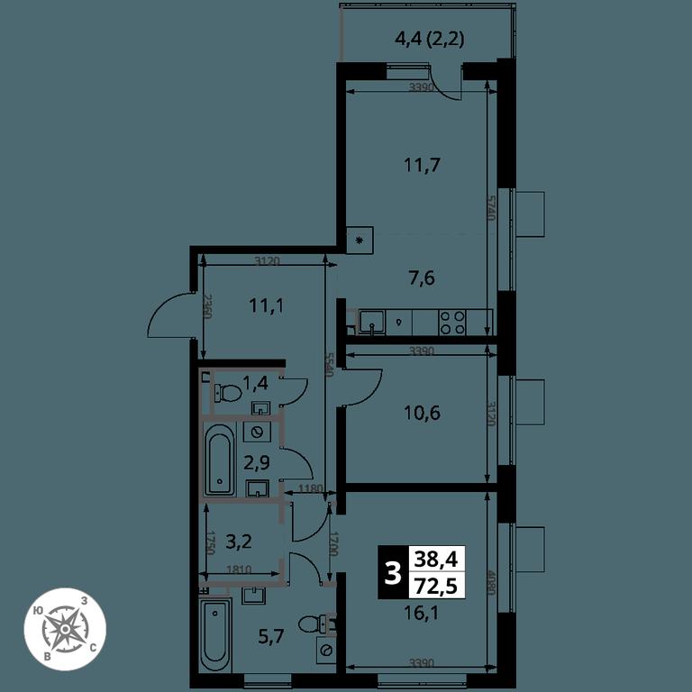 3-BD Apartment Sale, 72.5 sq. m. at Pervy Donskoj, zhiloy mikrorayon Sapronovo, derevnya Sapronovo, Leninskiy City District, Moscow Region, Russia #2