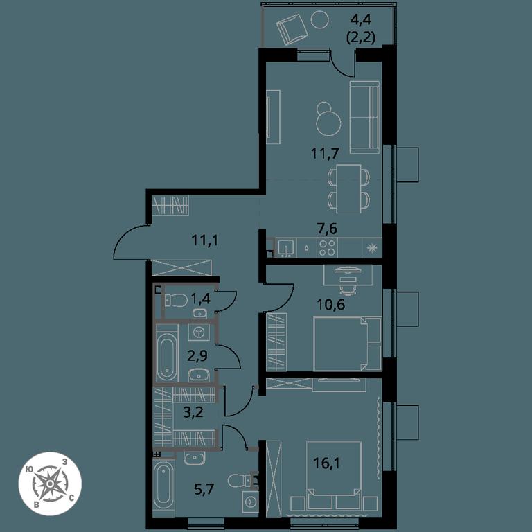 3-BD Apartment Sale, 72.5 sq. m. at Pervy Donskoj, zhiloy mikrorayon Sapronovo, derevnya Sapronovo, Leninskiy City District, Moscow Region, Russia #1