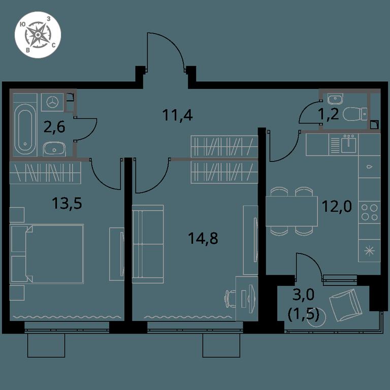 2-BD Apartment Sale, 57 sq. m. at Pervy Donskoj, zhiloy mikrorayon Sapronovo, derevnya Sapronovo, Leninskiy City District, Moscow Region, Russia #1