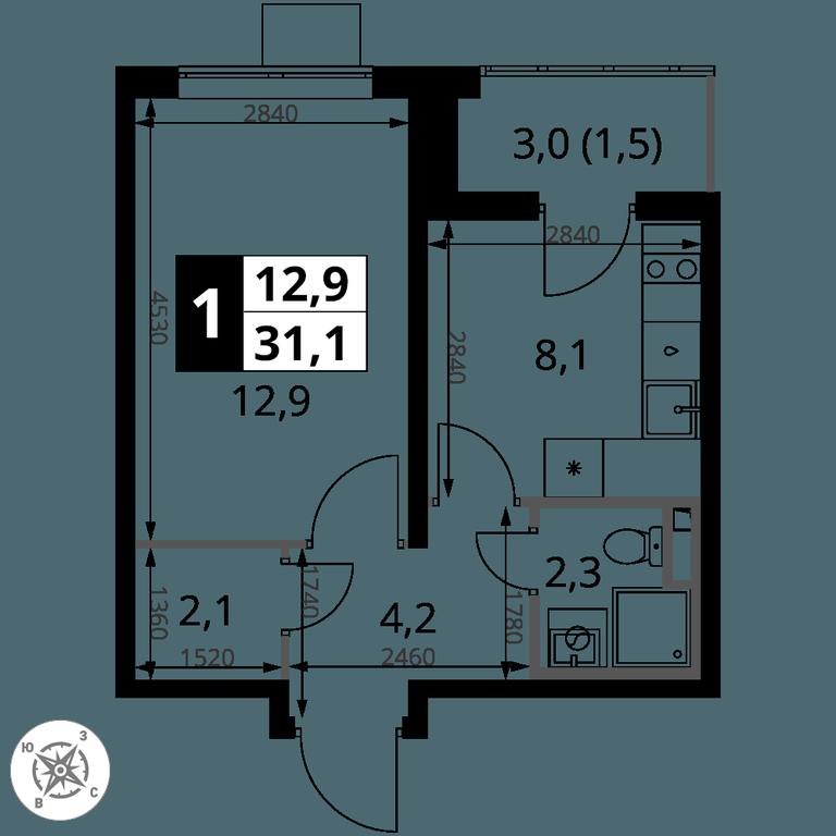 1-BD Apartment Sale, 31.1 sq. m. at Pervy Donskoj, zhiloy mikrorayon Sapronovo, derevnya Sapronovo, Leninskiy City District, Moscow Region, Russia #2