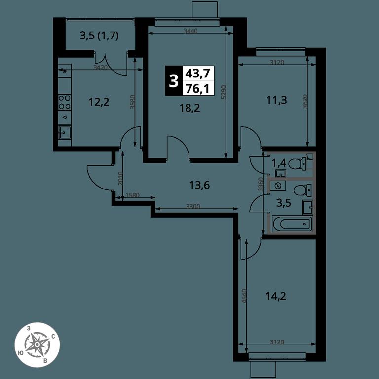 3-BD Apartment Sale, 76.1 sq. m. at Pervy Yuzhny, zhiloy kompleks Pervy Yuzhny, Leninskiy City District, Moscow Region, Russia #2
