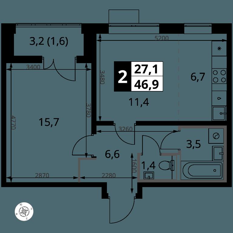 2-BD Apartment Sale, 46.9 sq. m. at Pervy Yuzhny, zhiloy kompleks Pervy Yuzhny, Leninskiy City District, Moscow Region, Russia #1