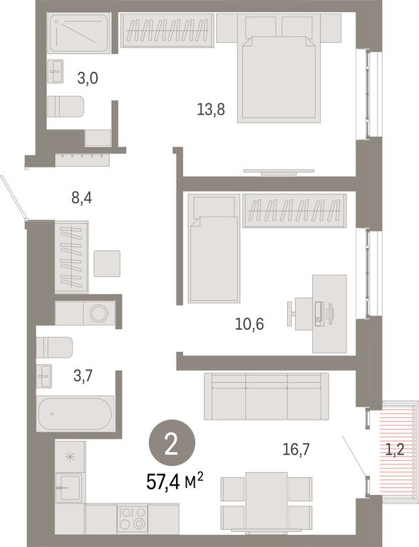 2-BD Apartment Sale, 57.4 sq. m. at Kvartal Metronom, Tagilskaya Street, Moscow, Russia #1