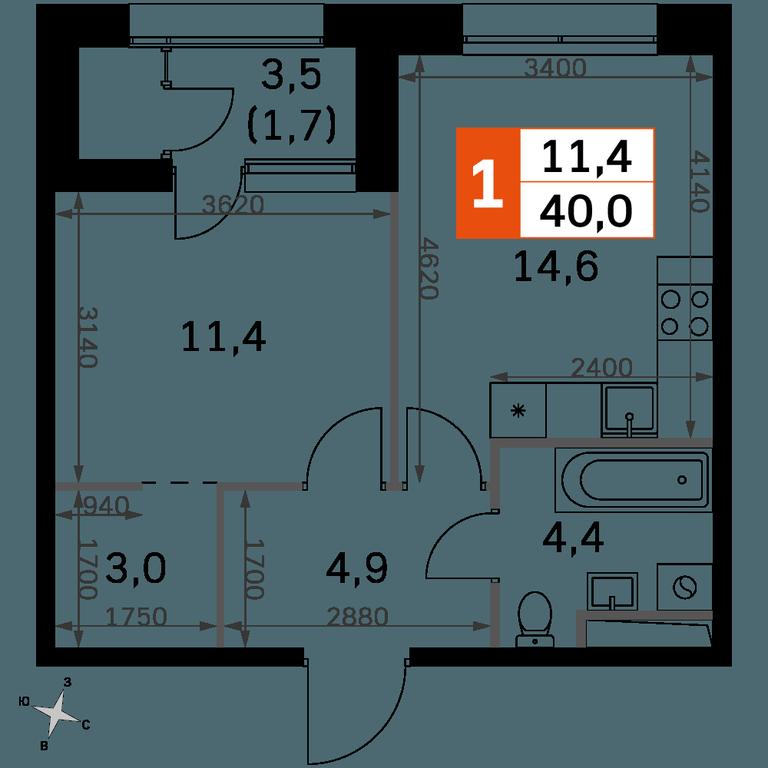 1-BD Apartment Sale, 40平方米 at Sky Garden, Stroitelny Drive, 9с6, Moscow, Russia #2