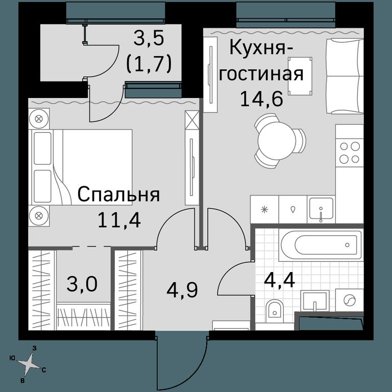 1-BD Apartment Sale, 40平方米 at Sky Garden, Stroitelny Drive, 9с6, Moscow, Russia #1