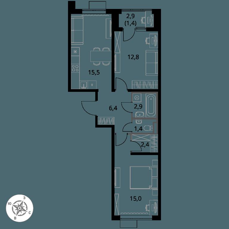 2-BD Apartment Sale, 57.8 sq. m. at Pervy Donskoj, zhiloy mikrorayon Sapronovo, derevnya Sapronovo, Leninskiy City District, Moscow Region, Russia #1