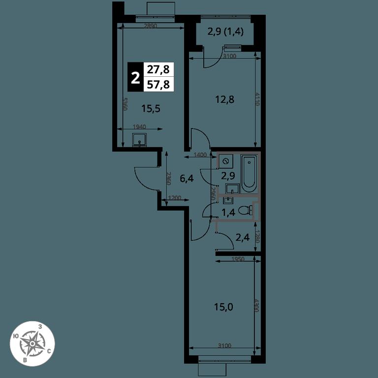 2-BD Apartment Sale, 57.8 sq. m. at Pervy Donskoj, zhiloy mikrorayon Sapronovo, derevnya Sapronovo, Leninskiy City District, Moscow Region, Russia #2