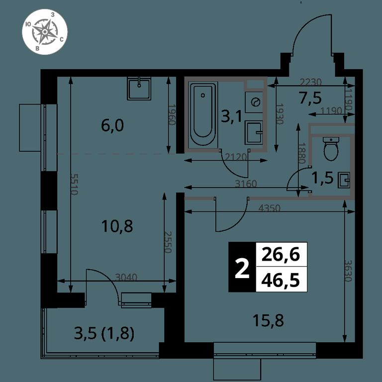 2-BD Apartment Sale, 46.5 sq. m. at Pervy Donskoj, zhiloy mikrorayon Sapronovo, derevnya Sapronovo, Leninskiy City District, Moscow Region, Russia #2