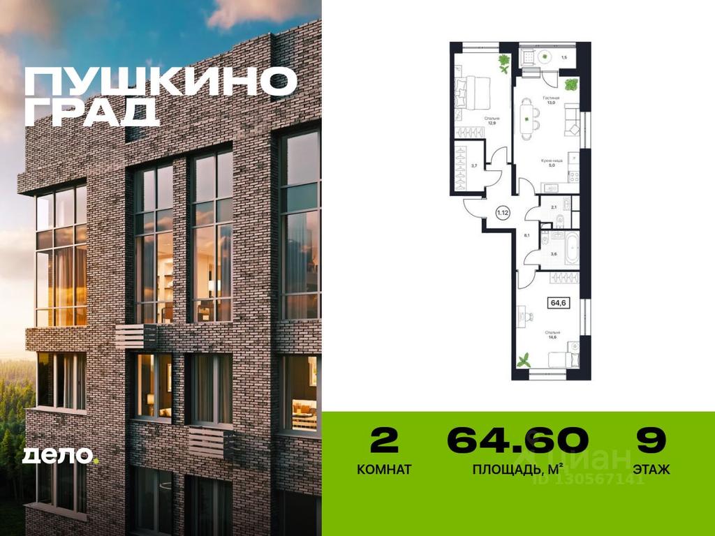 1-BD Apartment Sale, 64.6平方米 at Pushkino Grad, Polevaya ulitsa, selo Bratovshchina, Pshkinskiy Urban District, Moscow Region, Russia #2