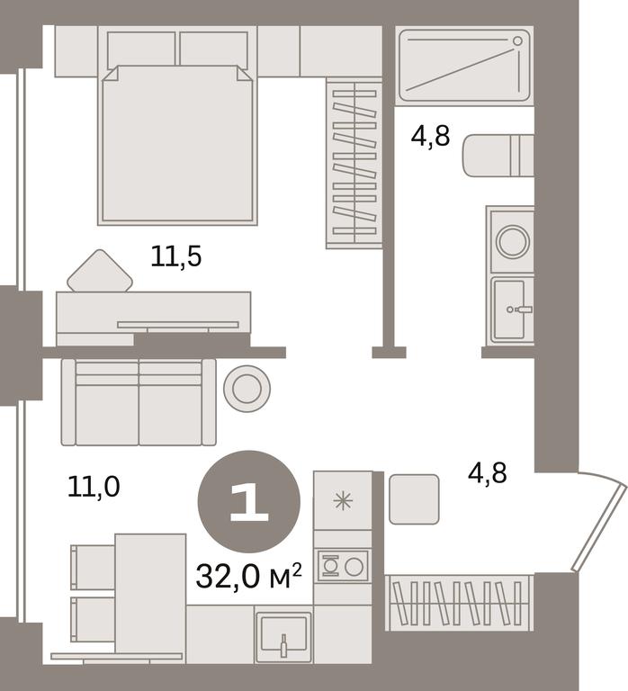 1-BD Apartment Sale, 32平方米 at Pervy kvartal, Kalinovaya ulitsa, derevnya Sapronovo, Leninskiy City District, Moscow Region, Russia #1