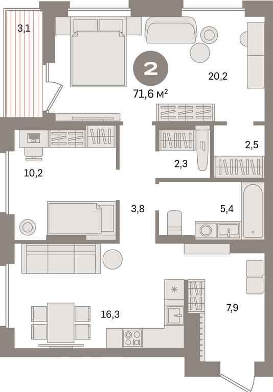 2-BD Apartment Sale, 71.6 sq. m. at Pervy kvartal, Kalinovaya ulitsa, derevnya Sapronovo, Leninskiy City District, Moscow Region, Russia #1