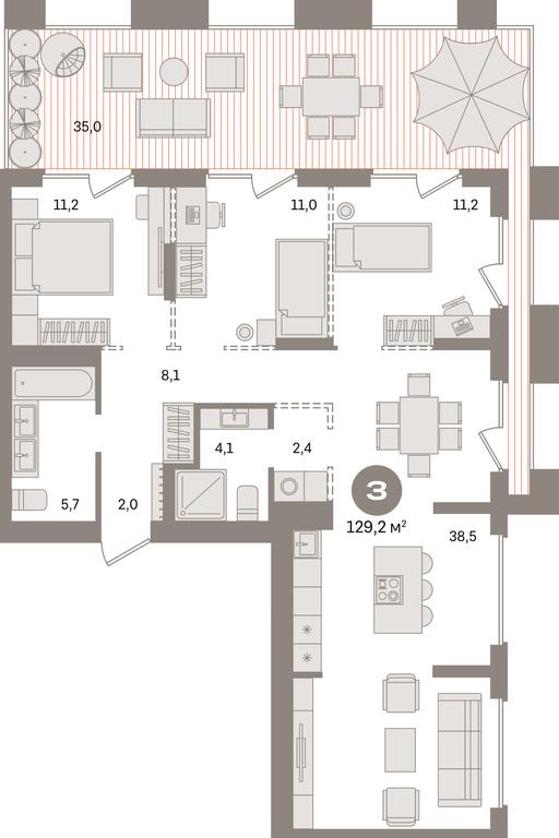 3-BD Apartment Sale, 129.2 sq. m. at Pervy kvartal, Kalinovaya ulitsa, derevnya Sapronovo, Leninskiy City District, Moscow Region, Russia #1