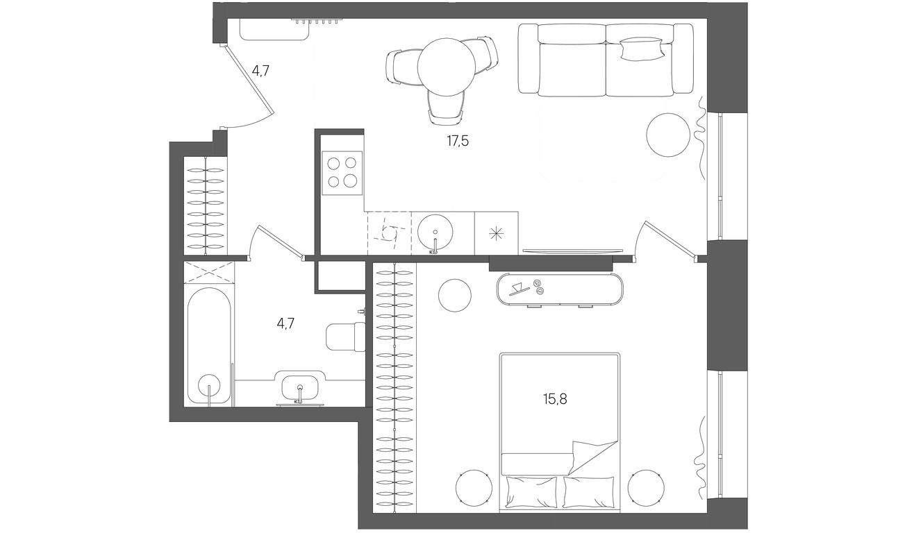 1-BD Apartment Sale, 42.8 sq. m. at Rise, ZhK Stoun Rays, Lefortovo District, Yugo-Vostochniy Administrative Okrug, Moscow, Russia #1