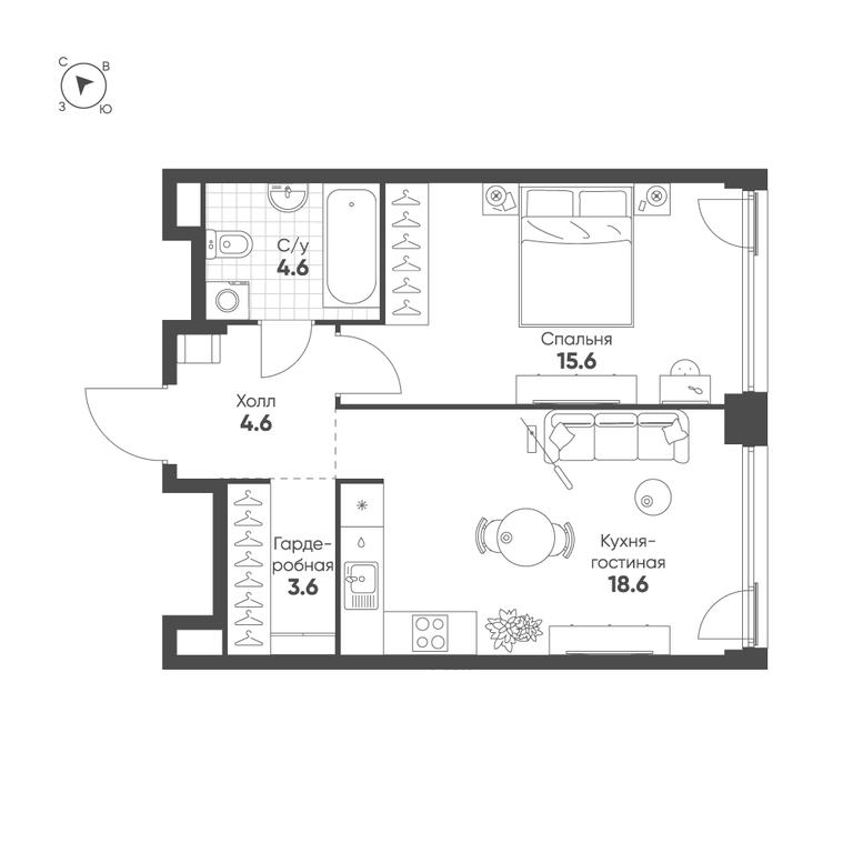 1-BD Apartment Sale, 47平方米 at Shagal, Автозаводская улица, 23, Москва, Россия #1