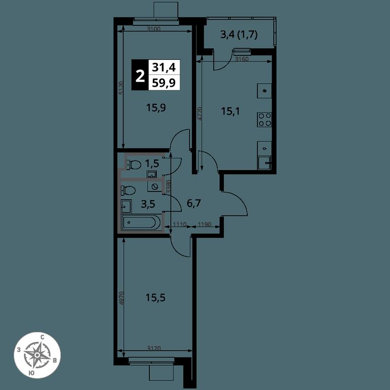 2-BD Apartment Sale, 59.9 sq. m. at 1 Yasenevskij, Kvartal № 24, Mosrentgen Settlement, Moscow, Russia #1