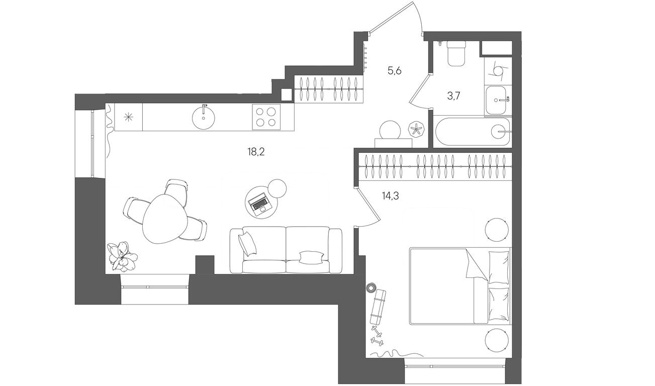 1-BD Apartment Sale, 41.8 sq. m. at Rise, ZhK Stoun Rays, Lefortovo District, Yugo-Vostochniy Administrative Okrug, Moscow, Russia #1