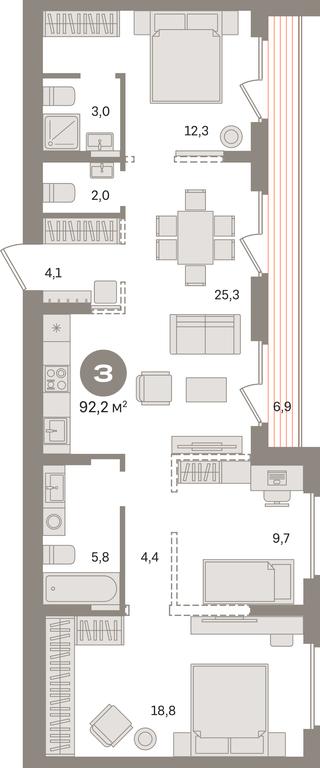 3-BD Apartment Sale, 92.2 sq. m. at Pervy kvartal, Kalinovaya ulitsa, derevnya Sapronovo, Leninskiy City District, Moscow Region, Russia #1