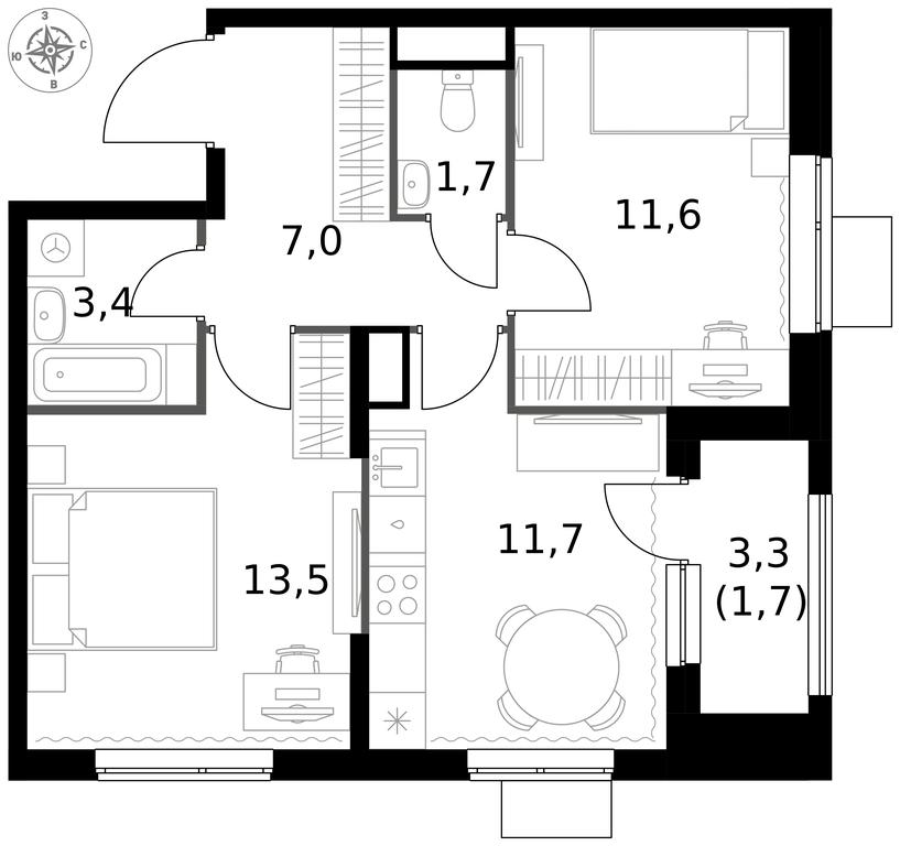 2-BD Apartment Sale, 50.6 sq. m. at 1 Izmajlovskij, Montazhnaya Street, 8с13, Moscow, Russia #1
