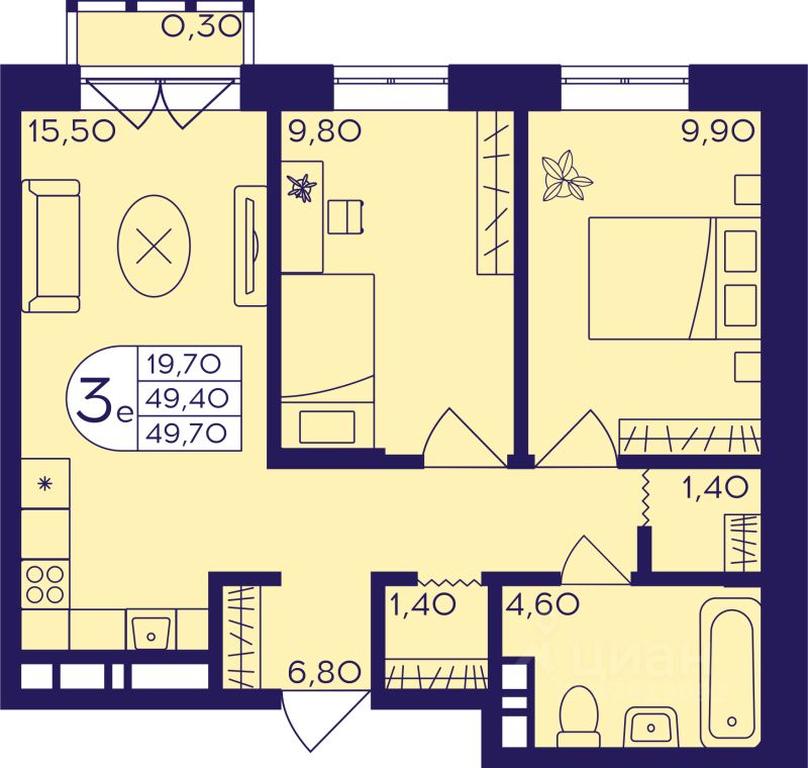 2-BD Apartment Sale, 49.7 sq. m. at Geroev, prospekt Geroyev, Zheleznodorozhny Microdistrict, Balashikha, Moscow Region, Russia #1