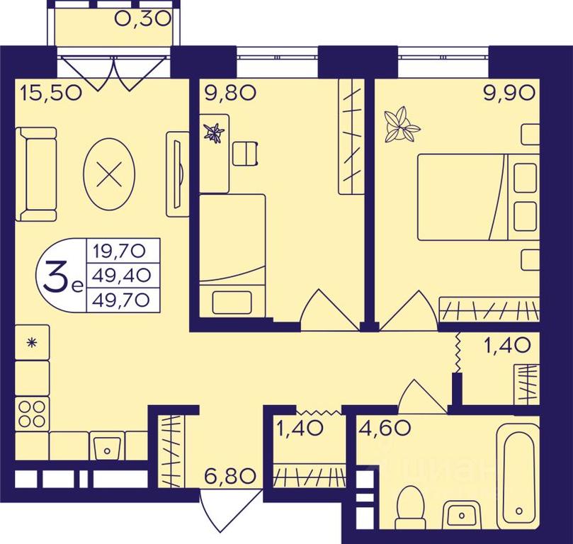 2-BD Apartment Sale, 49.7 sq. m. at Geroev, prospekt Geroyev, Zheleznodorozhny Microdistrict, Balashikha, Moscow Region, Russia #1
