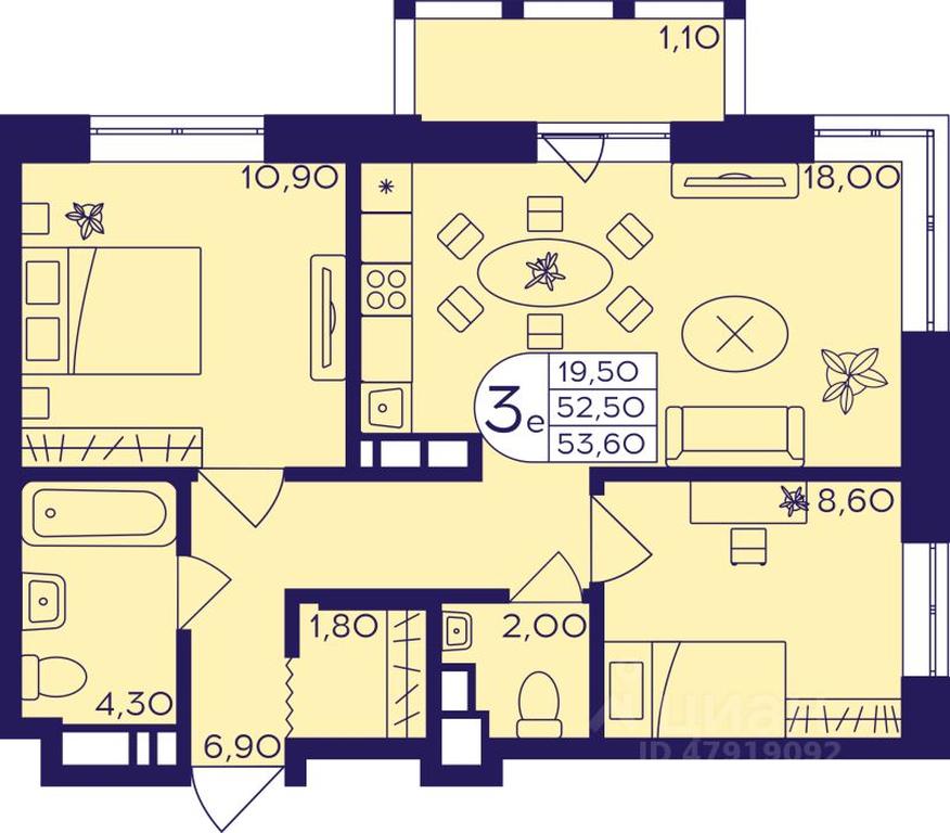 2-BD Apartment Sale, 53.6 sq. m. at Geroev, prospekt Geroyev, Zheleznodorozhny Microdistrict, Balashikha, Moscow Region, Russia #1