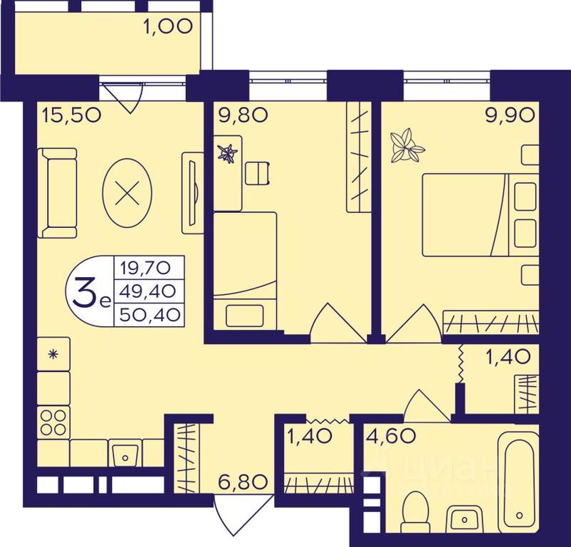 2-BD Apartment Sale, 50.4 sq. m. at Geroev, prospekt Geroyev, Zheleznodorozhny Microdistrict, Balashikha, Moscow Region, Russia #1
