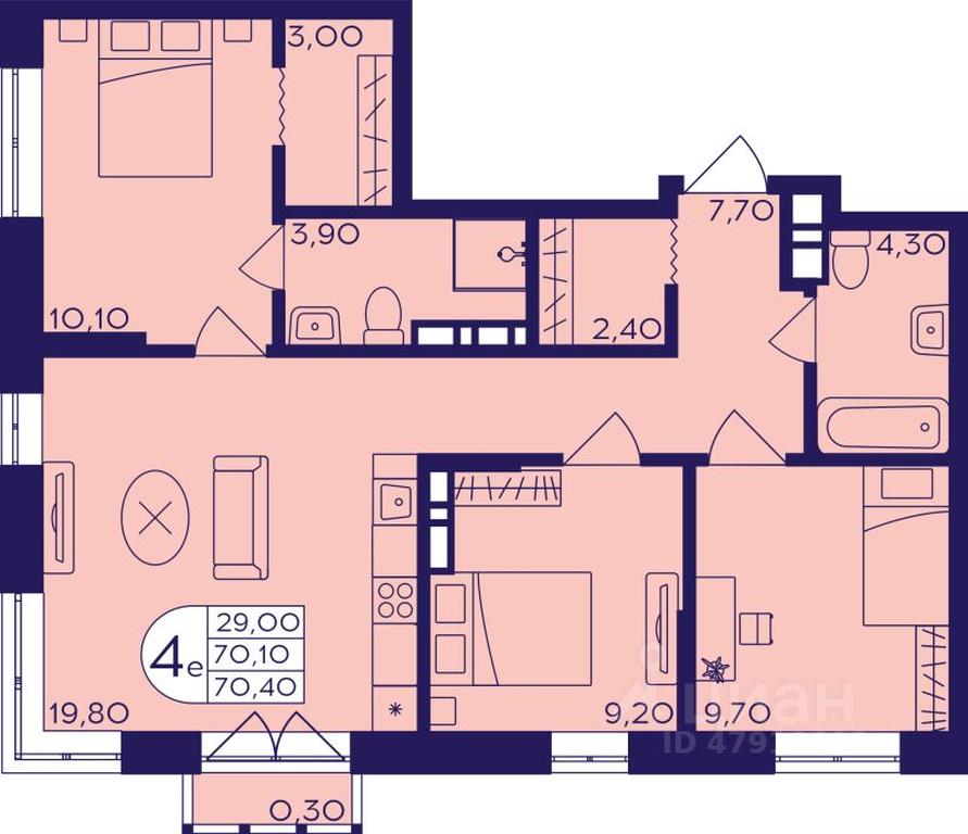 3-BD Apartment Sale, 70.4 sq. m. at Geroev, prospekt Geroyev, Zheleznodorozhny Microdistrict, Balashikha, Moscow Region, Russia #1