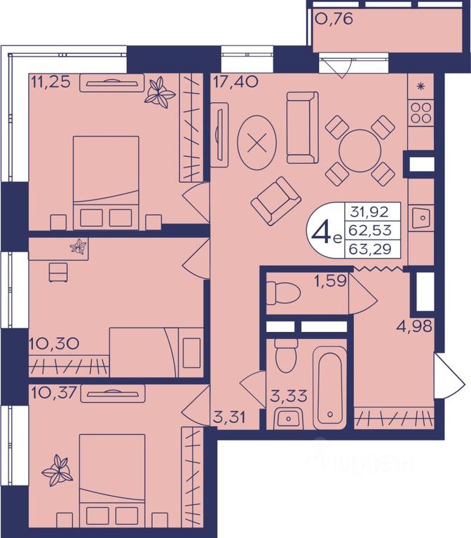 3-BD Apartment Sale, 63.4 sq. m. at Geroev, prospekt Geroyev, Zheleznodorozhny Microdistrict, Balashikha, Moscow Region, Russia #1