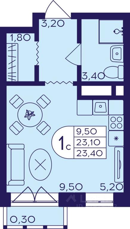 Apartment Sale, 23.4平方米 at Geroev, prospekt Geroyev, Zheleznodorozhny Microdistrict, Balashikha, Moscow Region, Russia #1