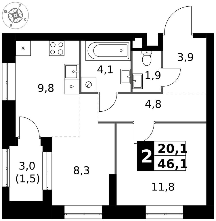 2-BD Apartment Sale, 46.1 sq. m. at 1 Izmajlovskij, Montazhnaya Street, 8с13, Moscow, Russia #1
