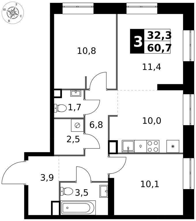 3-BD Apartment Sale, 60.7 sq. m. at 1 Izmajlovskij, Montazhnaya Street, 8с13, Moscow, Russia #1