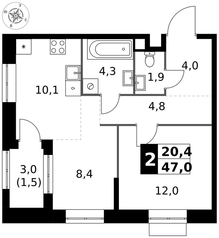 2-BD Apartment Sale, 47 sq. m. at 1 Izmajlovskij, Montazhnaya Street, 8с13, Moscow, Russia #1