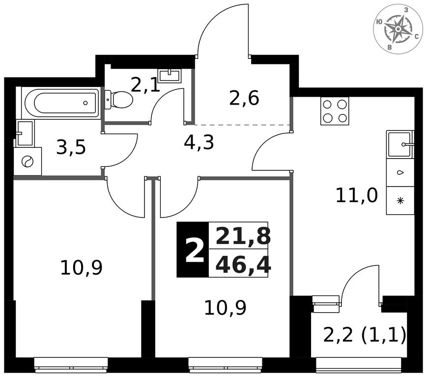 2-BD Apartment Sale, 46.4 sq. m. at 1 Izmajlovskij, Montazhnaya Street, 8с13, Moscow, Russia #1