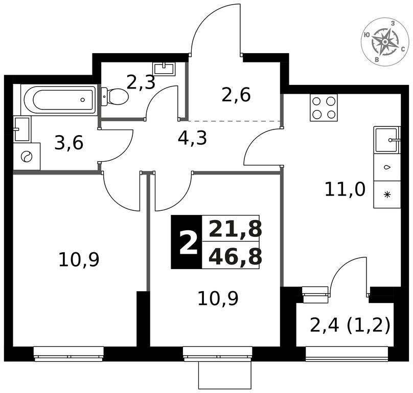2-BD Apartment Sale, 46.8 sq. m. at 1 Izmajlovskij, Montazhnaya Street, 8с13, Moscow, Russia #1