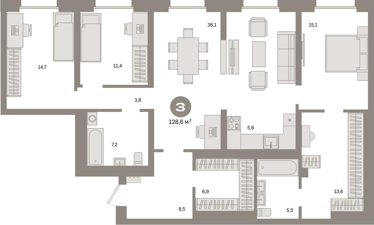 3-BD Apartment Sale, 128.6平方米 at Kvartal Metronom, Tagilskaya Street, Moscow, Russia #1