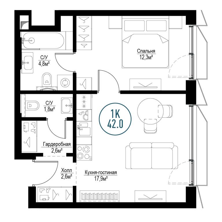 1-BD Apartment Sale, 41.6平方米 at Metropoliya, Volgogradsky Avenue, 32/3к1, Moscow, Russia #1