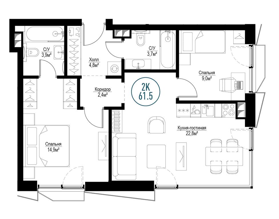 2-BD Apartment Sale, 60.8平方米 at Metropoliya, Volgogradsky Avenue, 32/3к1, Moscow, Russia #1