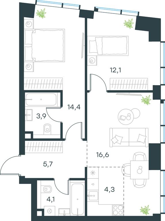 2-BD Apartment Sale, 61.1 sq. m. at Paveletskaya City, Dubininskaya Street, 59, Moscow, Russia #1