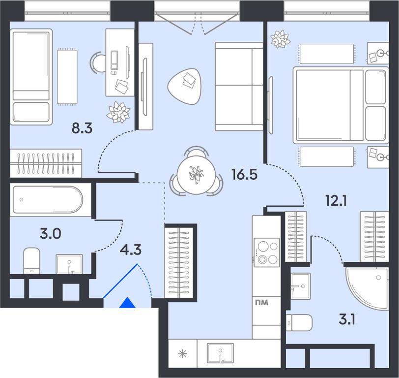 2-BD Apartment Sale, 47.3 sq. m. at balance, Ryazansky Avenue, Moscow, Russia #1
