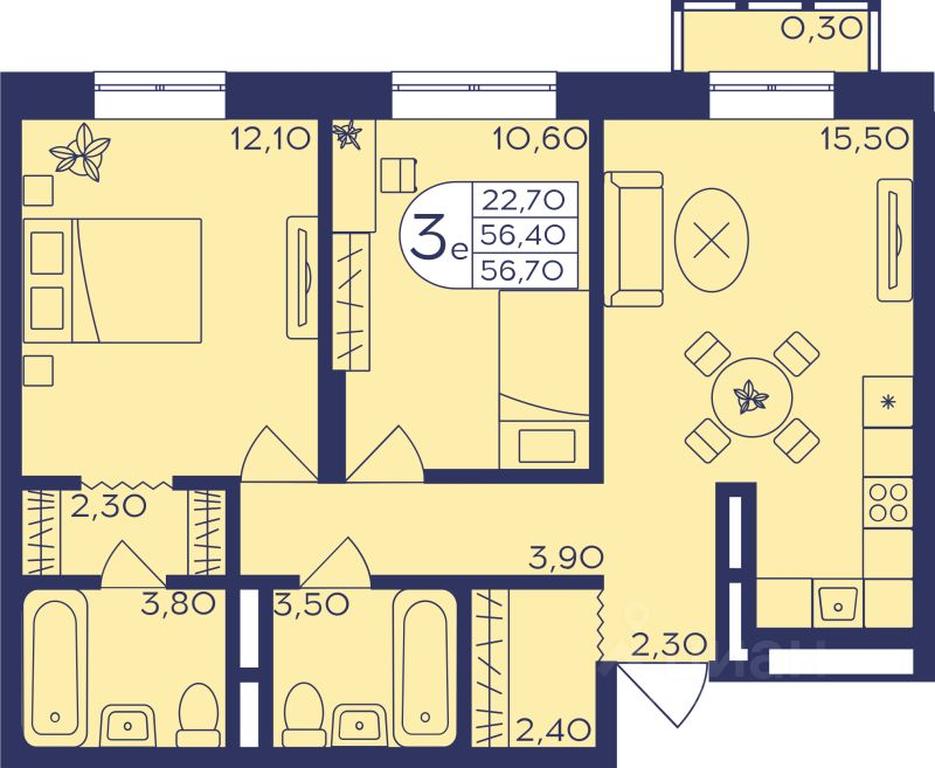 2-BD Apartment Sale, 57.2平方米 at Geroev, prospekt Geroyev, Zheleznodorozhny Microdistrict, Balashikha, Moscow Region, Russia #1
