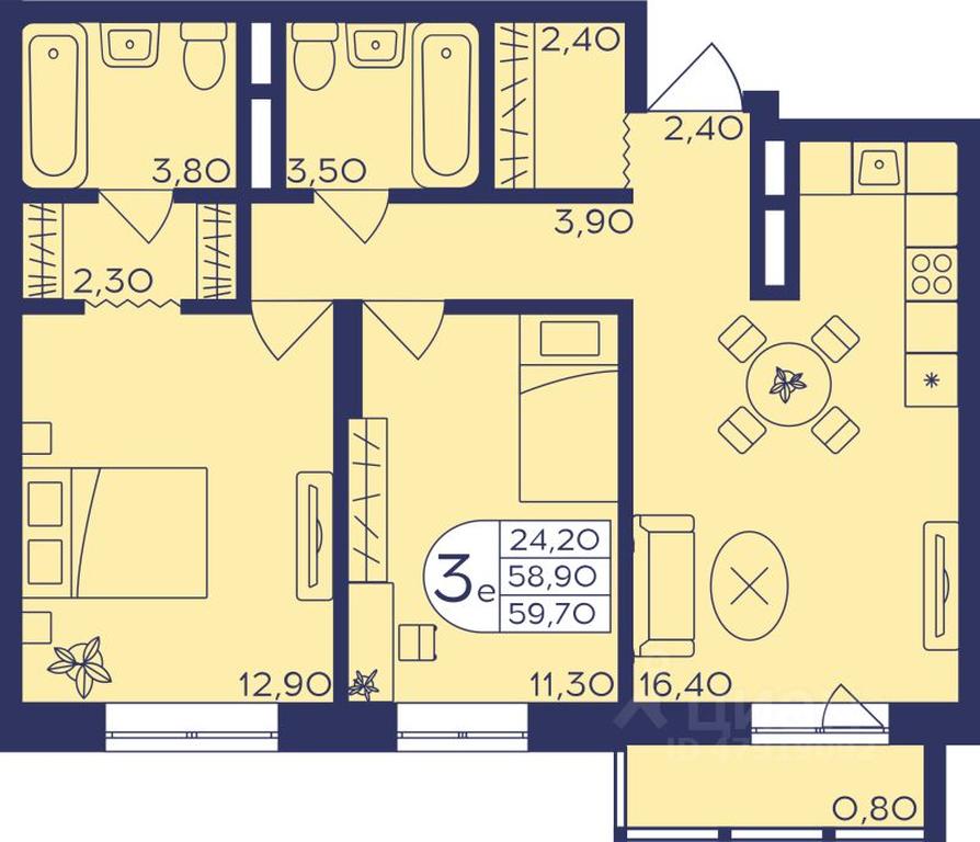 2-BD Apartment Sale, 59.6 sq. m. at Geroev, prospekt Geroyev, Zheleznodorozhny Microdistrict, Balashikha, Moscow Region, Russia #1