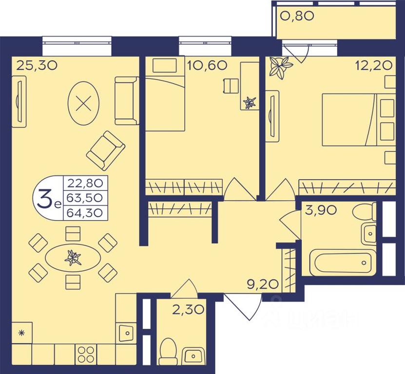 2-BD Apartment Sale, 63.9 sq. m. at Geroev, prospekt Geroyev, Zheleznodorozhny Microdistrict, Balashikha, Moscow Region, Russia #1