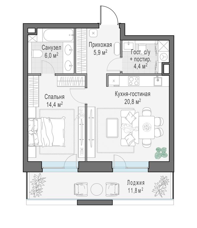 1-BD Apartment Sale, 57.6 sq. m. at Foriver, Simonovskaya Embankment, 3к1, Moscow, Russia #1