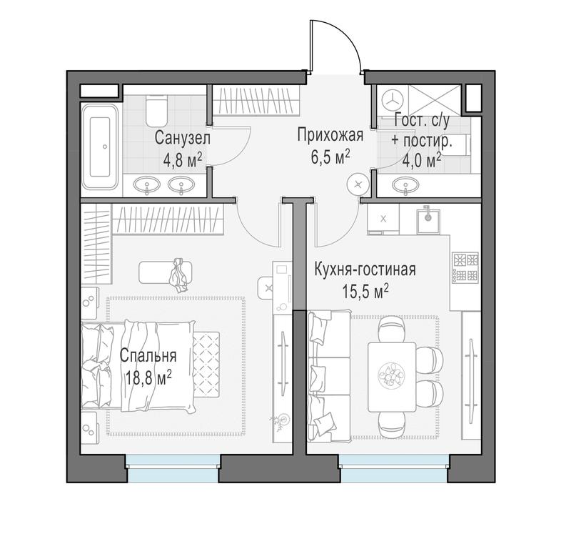 1-BD Apartment Sale, 49.9平方米 at Foriver, Simonovskaya Embankment, 3к1, Moscow, Russia #1