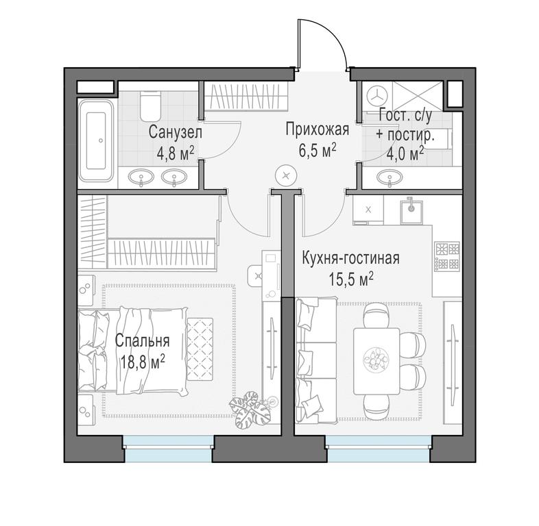 1-BD Apartment Sale, 49.6平方米 at Foriver, Simonovskaya Embankment, 3к1, Moscow, Russia #1