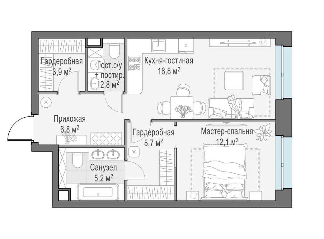 1-BD Apartment Sale, 55.9 sq. m. at Foriver, Simonovskaya Embankment, 3к1, Moscow, Russia #1